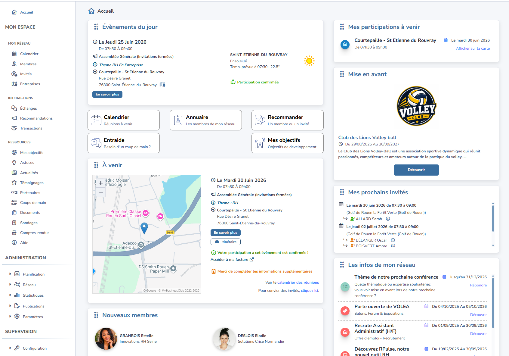 Ecran d'accueil de MyBusinessClub sur un navigateur